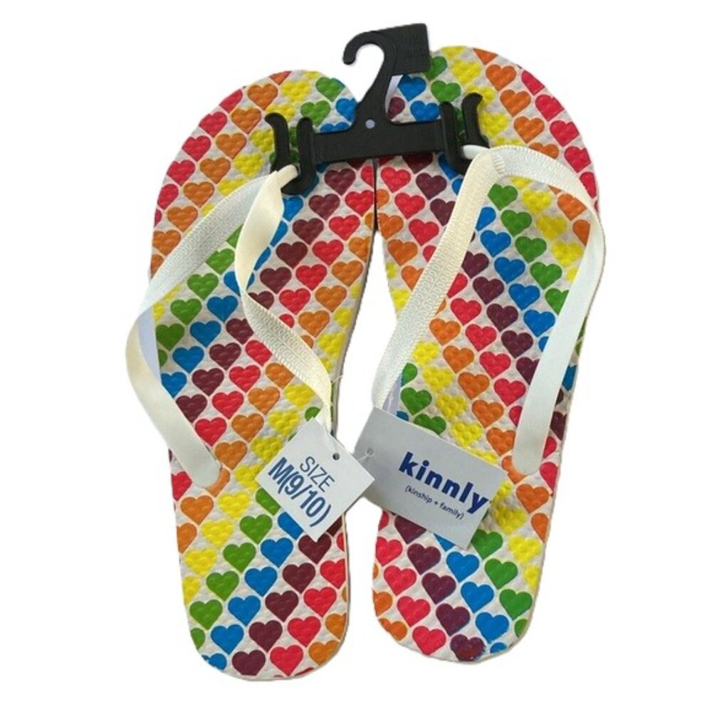 RAINBOW PRIDE Hearts Flip Flops White Background Various Sizes Unisex
